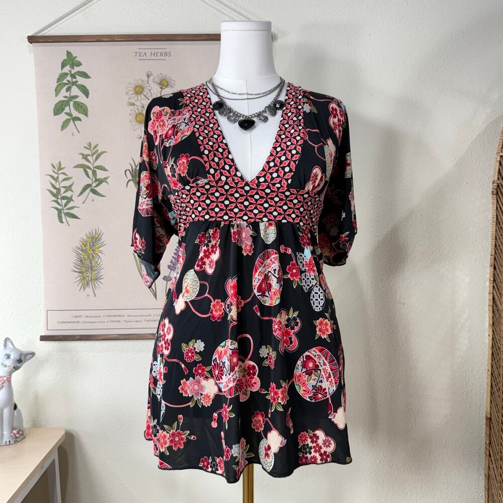 90s Y2k Floral Babydoll Kimono Mini Dress Tunic Top Dark Fairy Whimsy Boho M